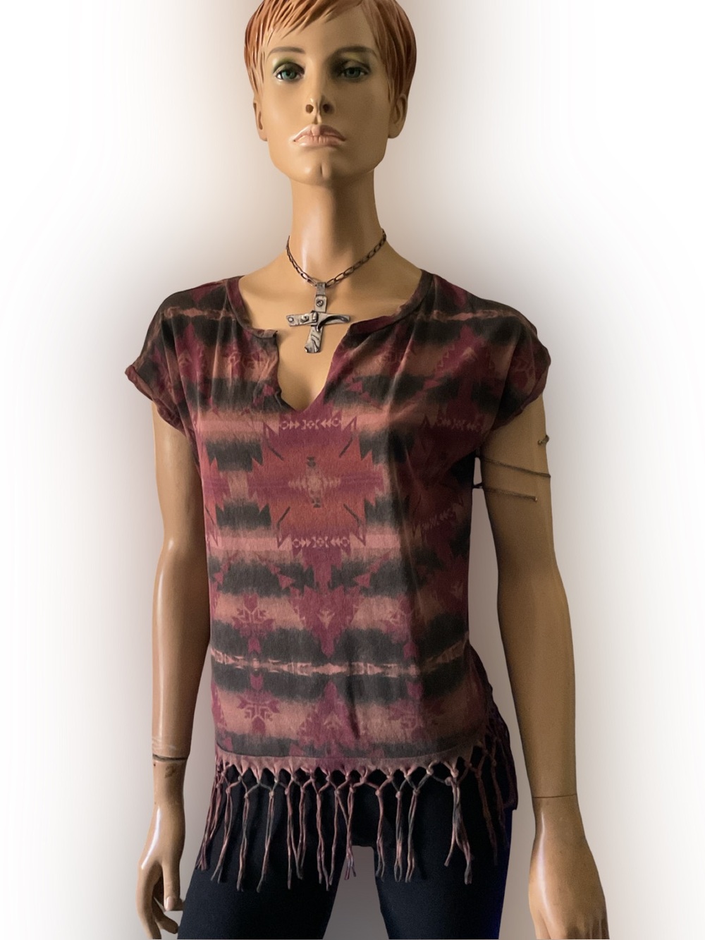 Denim & Supply Ralph Lauren Maroon and Black Tie-Dye Fringe Slit Neck Top Sz S
